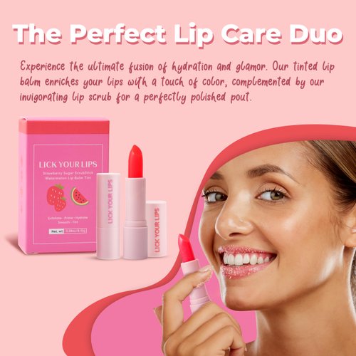 Watermelon Tinted Lip Balm and Strawberry Sugar Lip Scrub Stick Duo by Lick Your Lips - for Lip Repair, Deep Hydration, and a Soft, Radiant Pout