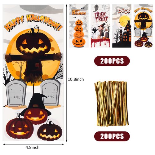 200 PCS Halloween Cellophane Treat Bags Clear Candy Bags with Twist Ties, Halloween Goodie Bags Non Candy Cookie Bags for Kids Halloween Party Favors, Trick or Treat, Hallowen Party Supplies