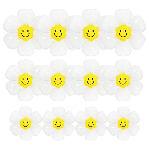 Daisy Balloons with Smiley Face 12 Pcs White Daisy Flower Smiley Face Foil Balloons for Birthday Wedding Hippie Boho Girl Groovy Daisy Party Decorations Supplies