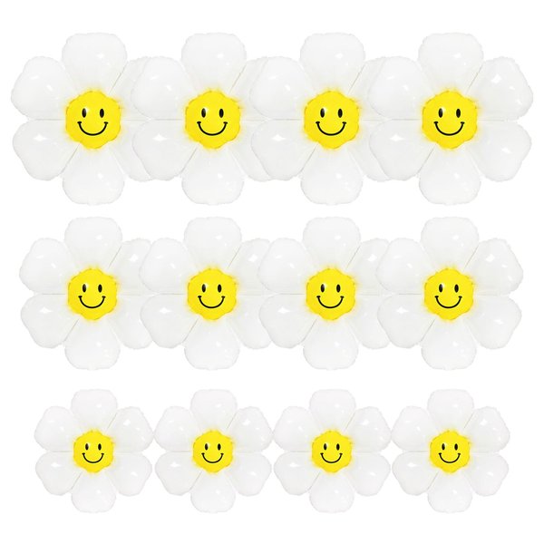 Daisy Balloons with Smiley Face 12 Pcs White Daisy Flower Smiley Face Foil Balloons for Birthday Wedding Hippie Boho Girl Groovy Daisy Party Decorations Supplies
