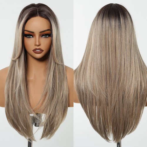 DWY Long Wavy Ombre Dark Blonde Wig for Women Forehead Lace Front Wig with Natural Hairline Grey Blonde Wigs Midlle Part Heat Resistant Futura Hair Synthetic Wig for Daily/Cosplay Costume Use