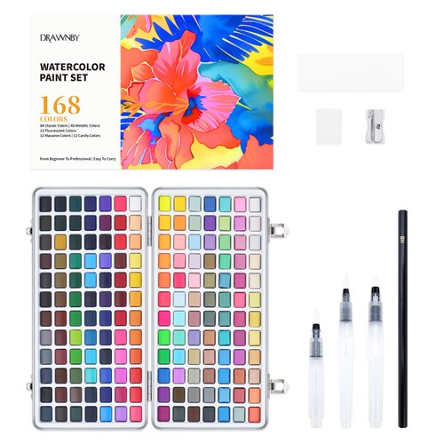 Watercolor Paint Set, 168 Vivid Colors with Regular, Macaron, Metallic & Fluorescent Colors, Travel Watercolor set including Palette, Water Brush Pens, Art Supplies Kit Great for Artists, Beginners