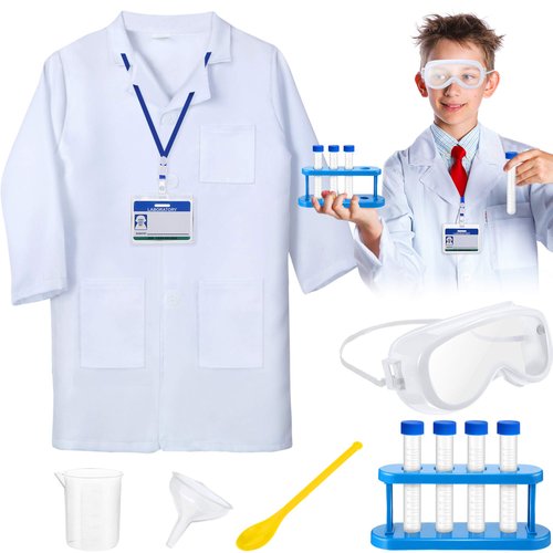 SATINIOR 11 Pieces Kids Lab Costume Scientist Costume Lab Coat Science Experiment with Glasses, Personalized ID Card for Boys Girls Halloween Dress Up Role Play Birthday Party (L)