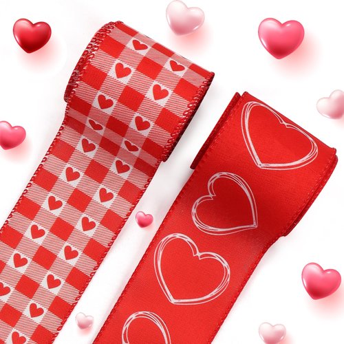 Threetols 2 Rolls 10 Yards Valentine's Day Wired Edge Ribbon, 2.5inch Red Heart Love Burlap Ribbon, Red White Buffalo Plaid Ribbon for Valentine DIY Craft Love Wreath Bow Wedding Party Decor