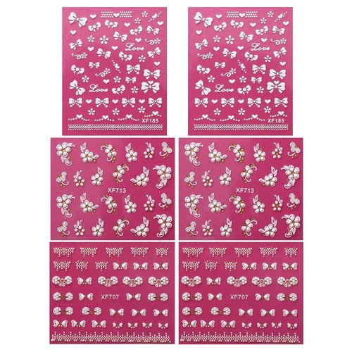 ALLYDREW Fingernail Stickers Nail Art Nail Stickers Self-Adhesive Nail Stickers 3D Nail Decals - Bows, Hearts & Flowers (3 Designs/6 Sheets)
