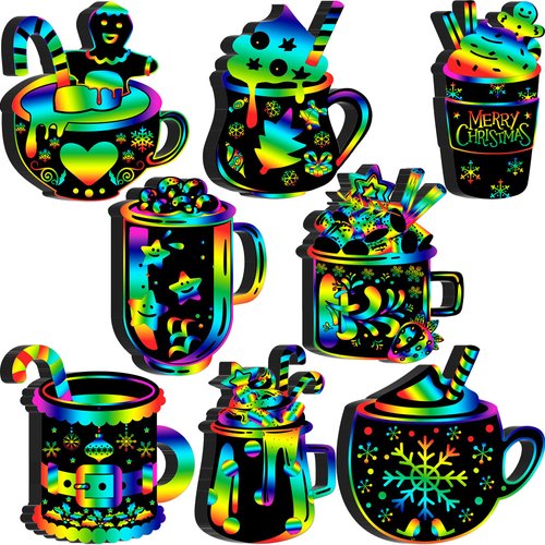 Motipuns 80 Pcs Christmas Hot Cocoa Scratch Cards for Boys Girls Rainbow Christmas Ornaments Christmas Crafts for Winter Xmas Holiday Party Supplies Home Classroom DIY Activities