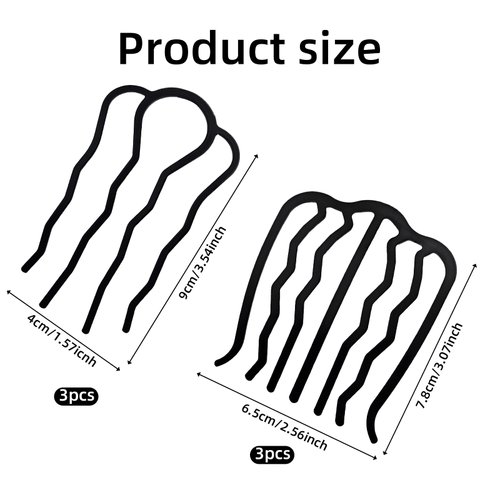 6 Pcs Metal Hair Side Combs, 4 Teeth and 7 Teeth U Shape Hair Fork Stick, Vintage Styling Updo Bun Hair Clips Comb Accessories for Women Thick Thin Hair (Black)