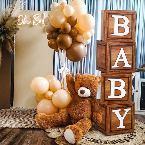 Baby Shower Boxes Party Decorations - 4 Wood Grain Brown Blocks with BABY Letter, Printed Letters...
