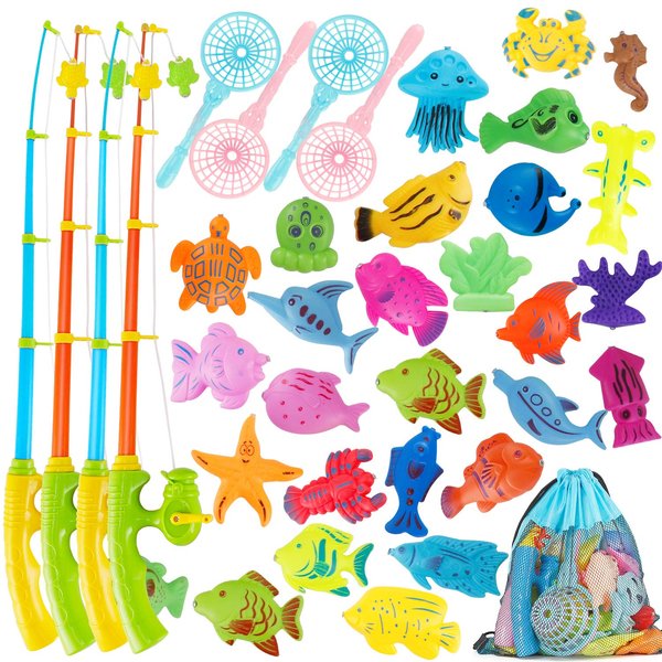 Magnetic Fishing Toy,60 Pcs Fishing Magnets Game with 4 Fishing Poles 4 Fishing Nets and 52 Floating Ocean Sea Animals,Toddler Bath Toys, Water Toys Fishing Game for Kids