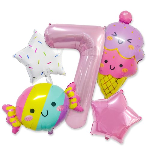 Ice Cream Birthday Decorations, 5 Pcs Dokuna Ice Cream Balloons 7th Birthday Decorations for Girls, Giant Number 7 Foil Mylar Balloon, 7 Years Old Ice Cream Theme Birthday Party Supplies Decor (7th)