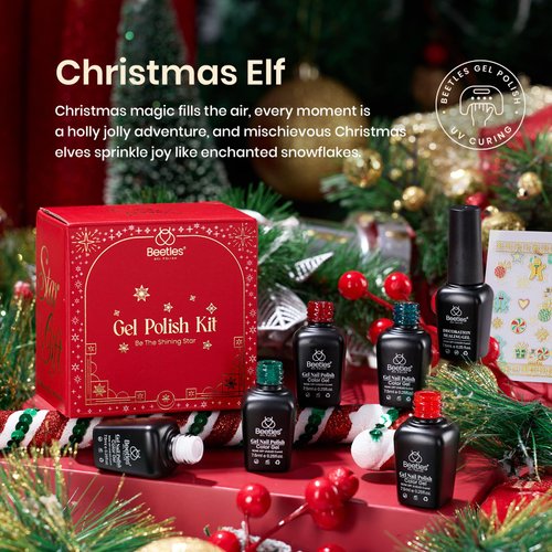 Beetles Christmas Gel Nail Polish, Sparkle Red Green Gel Polish Kit Soak Off UV LED Gel Nail Kit Manicure Gift with Nail Strengthener Gel and Stickers Nail Art Christmas Gift for Women