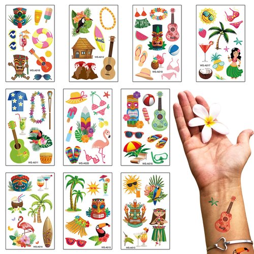 10 Sheets Hawaiian Temporary Tattoos Summer Topic Coconut Tree Temporary Tattoo Sticker Guitar Tattoo for Men Women Summer Holiday Sea Beach Party Favor Makeup Costume Supplies