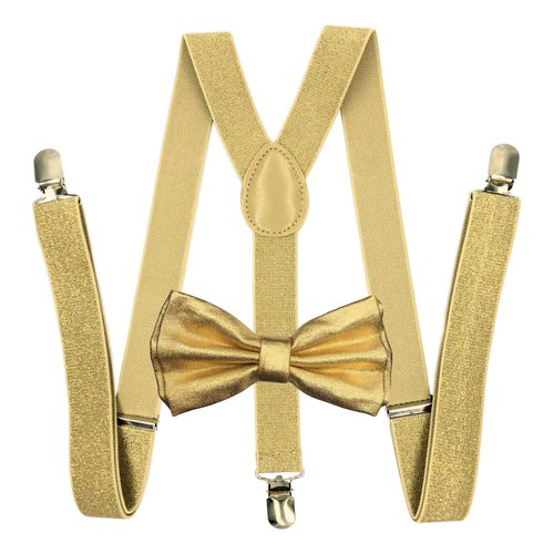 Metallic Gold Bow Tie & Matching Suspenders Set Tuxedo Wedding Prom Youth Men