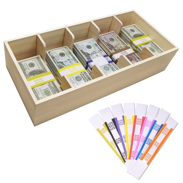 Mczxon Wooden Currency Money Cash Tray With 300 Currency Wrappers, 5 Compartment Wooden Cash Money Currency Organizer Storage Change Box Case for Cash, Moneyboxes Currency Holder Cash for Money