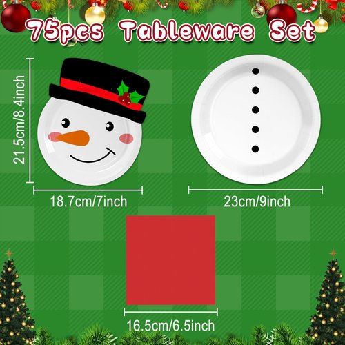 75 PCS Christmas Snowman Paper Plates and Napkins Winter Party Snowman Shape Disposable Plates Winter Holiday Theme Dessert Plates for Xmas Holiday Birthday New Year Party Favor Dinnerware Supplies