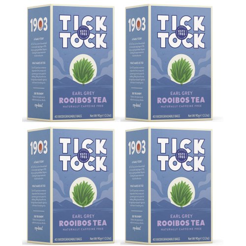 TICK TOCK TEAS Rooibos Earl Grey, Naturally Caffeine Free Red Bush Herbal Tea, Rich in Anti-Oxidants, South African, Superfood, 3.5 Oz, 40 Count, Pack of 4