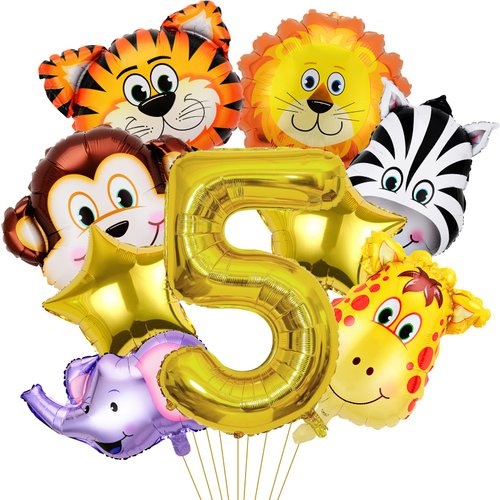 Jungle Safari Birthday Party Decorations, 9 Pack Safari Animal Balloons for Boy Kids Baby Shower Wild One Safari Jungle Theme 5th Birthday Party Supplies (5th)