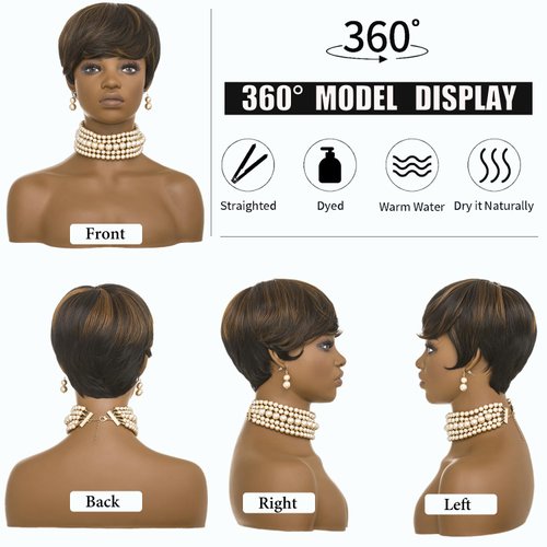 Short Curly Wigs for Black Women Pixie Cut Wig for Womens Short Hair Black Wig with Bangs Natural Wavy Synthetic Wigs for Black Women (Black mixed brown)