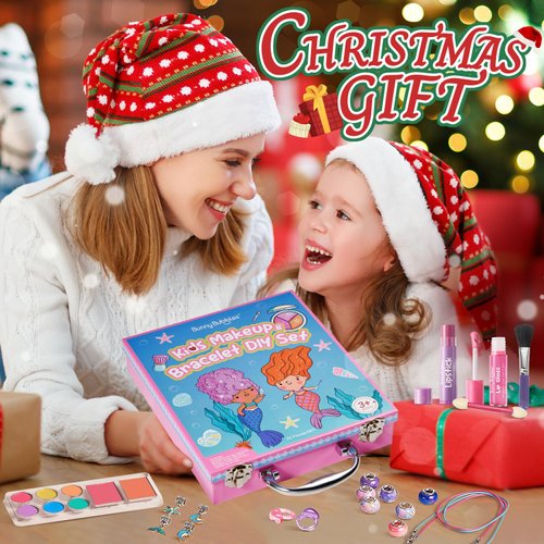 Kids Makeup Sets for Girls - Washable Real Cosmetics Set with Jewelry-Making for Children, Ocean Princess Dress-Up Makeup Bracelet Kits, Ideal Christmas Birthday Gift for 4-12 Year Olds (Blue)