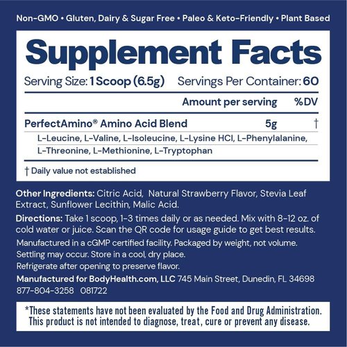 BodyHealth PerfectAmino Powder - BCAA and EAA Powder for Pre and Post Workout - Amino Acid Energy Drink Powder for Men and Women to Support Lean Muscle and Recovery - Strawberry - 60 Servings