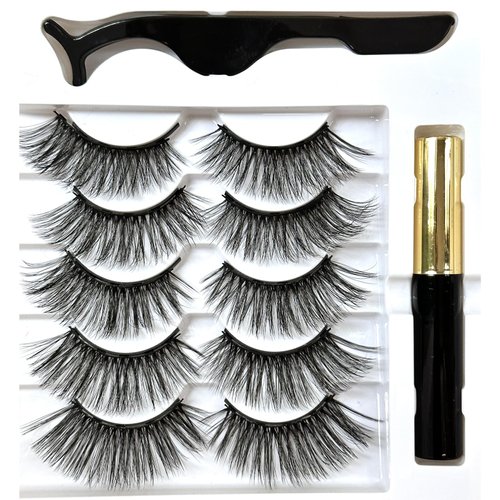 Fayeerewo Magnetic Eyelashes with Eyeliner, False Eyelashes 18mm, Wispy Mink Lashes Fluffy Eye Lashes Cat-Eye Look, Contact Lens Friendly, Reusable Strip Lashes, 5 Pairs