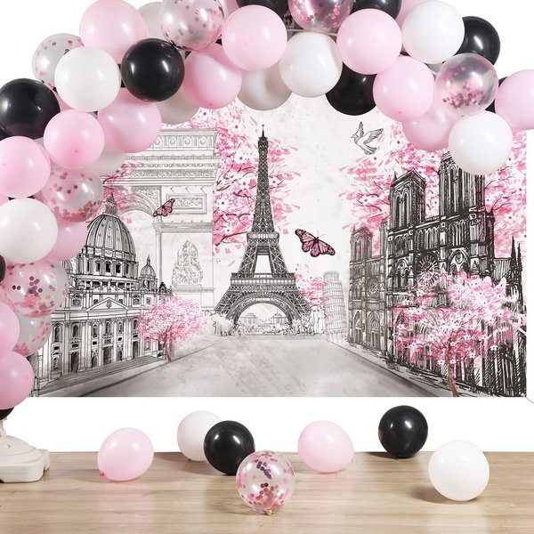 76 Pcs Paris Party Supplies Set Pink Paris Theme Party Decoration Eiffel Tower Party Backdrop White Pink Black Balloon Arch Garland Kit for Kid Boy Girl Birthday Decoration