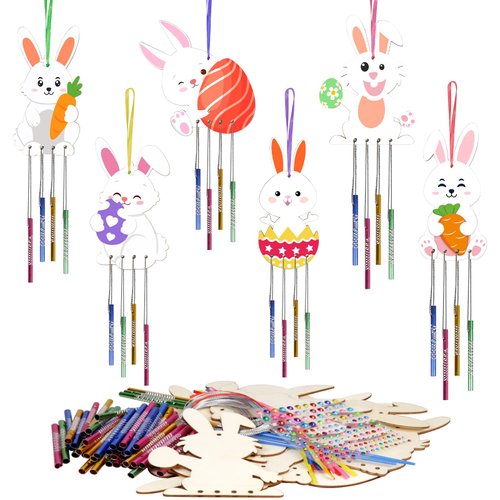 Fennoral 12 Pack Bunny Wind Chime Kit for Kids Make You Own Easter Rabbit Wind Chimes DIY Coloring Wooden Easter Craft for Girls Boys for Easter Hanging Ornaments Easter Party Decoration
