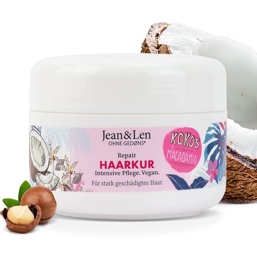 Jean & Len Repair Hair Treatment Coconut Oil & Macadamia, for severely damaged hair, counteracts hair breakage, coconut & macadamia fragrance, without parabens and silicones, vegan, 8.45 Fl. Oz.