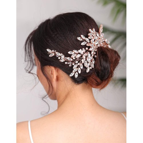 Denifery Rose Gold Bridal Hair Comb Sparkly Rhinestones Wedding Hair Comb Pearl Bridal Headpiece Rose Gold Hair Accessories for Women and Girls (Gold)