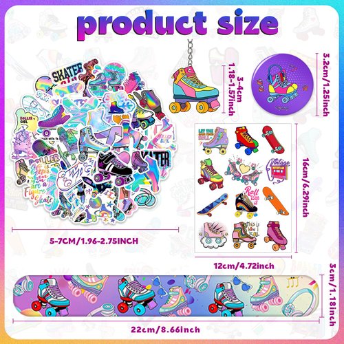 Roller Skate Party Favors 98PCS Slap Bracelets, Stickers, Key Chains, Pin Badges and Temporary Tattoos for Kids Boys Girls Throwback 80s 90s Roller Skating Hip Hop Birthday Party Supplies Decorations