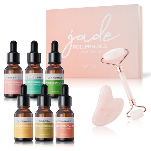 BRÜUN Jade Roller and Gua Sha Kit of Pink Color Rose Quartz with Pack of 6 Facial Oils Set – A Skin Care bundle for Facial Beauty Routine of Women and girls