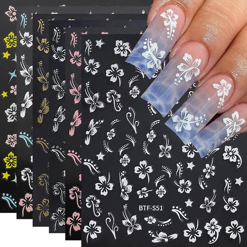 Flower Nail Stickers, Hibiscus Nail Decals 3D Self-Adhesive White Pink Gold Flower Pattern Summer Hibiscus Nail Design Manicure Tropical Nail Accessories for Women Girls(6Sheets)