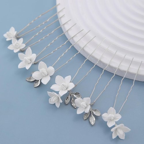 Soulshow 7 Pieces Vintage Silver Leaf Bridal Hair Pins for Women Handmade New Material Polymer Clay Flower Wedding Hair Pins Bridal Hair Accessories