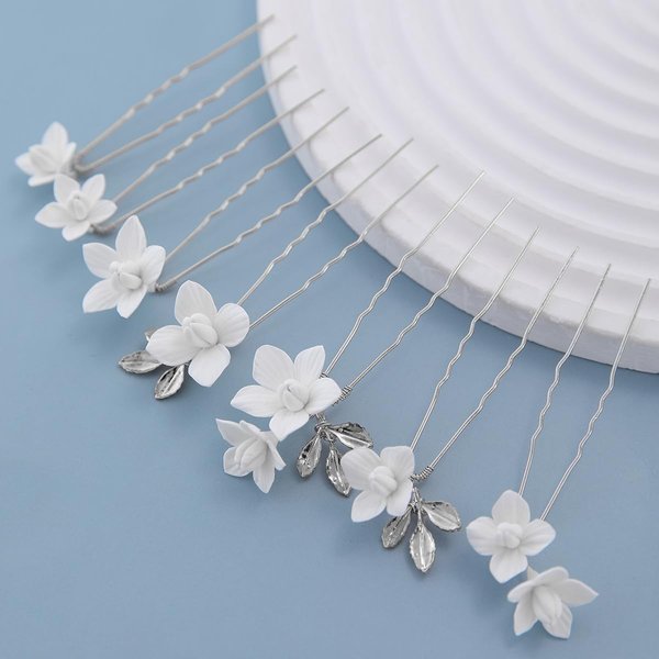 Soulshow 7 Pieces Vintage Silver Leaf Bridal Hair Pins for Women Handmade New Material Polymer Clay Flower Wedding Hair Pins Bridal Hair Accessories