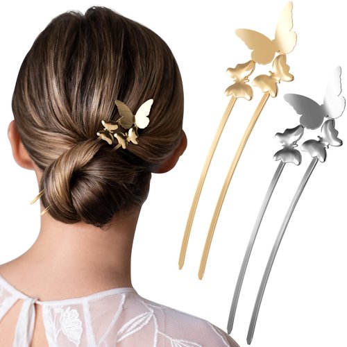 Mxxipp 2pcs Butterfly U Shaped Hair Pins Metal French Retro Hair Fork Chopsticks for Women Girls All Hair Types, Gold+Silver