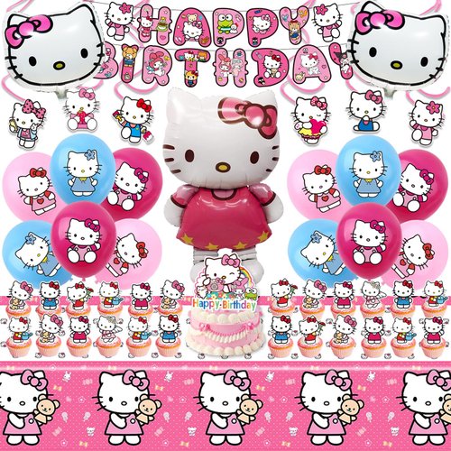 Kitty Birthday Party Supplies, Party Decorations Set Include Banner, Balloons, Hanging Swirls, Cake Cupcake Toppers, Tablecloth for Girls Kitty Theme Party