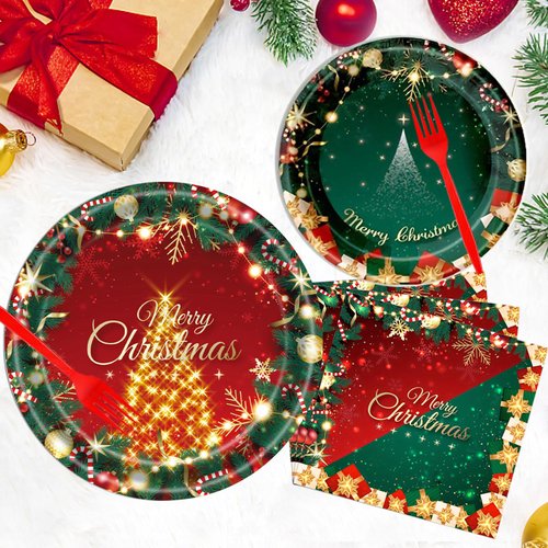 Dixutzi 96Pcs Christmas Plates and Napkins Party Supplies, ChristmasThemed Tableware Set, Cute Disposable Dinnerware for Girls Boys Birthday Dessert Tea Party Decoration, 24 Guests