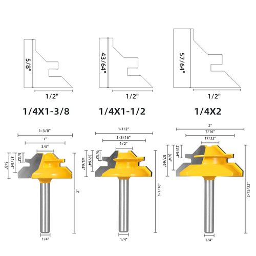 TOTOWOOD 45 Degree Lock Miter Router Bit 3-Piece Set, for 31/64", 37/64",3/4" Cutting Height, 1/4 Inch Shank.Woodworking Tools Joint Router Bits (3PCS 1/4 Shank)