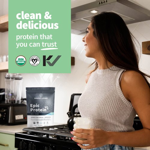 Sprout Living, Epic Protein, Plant Based Protein & Superfoods Powder, Real Sport | 24 Grams Organic Protein Powder, Recovery, Vegan, Non Dairy, Non-GMO, Gluten Free, Low Sugar (1 Pound, 12 Servings)