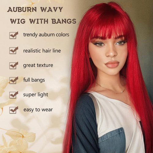 MINSEEYOO Long Red Wig with Bangs for Women Straight Hair Wigs Red Wigs Heat Resistant Synthetic Wigs