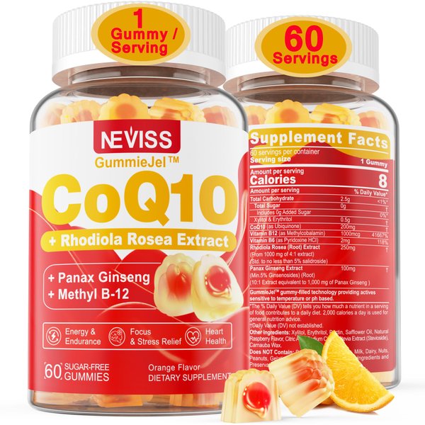 Sugar Free CoQ10-200mg 400mg Filled Gummies - 2 Months Supply - w/ 2000mg Rhodiola rosea+Ginseng, Vitamin B12 1000mcg,B6, Coenzyme Q10 Supplement for Heart, Antioxidant, Energy,Stress,Ultra Absorption
