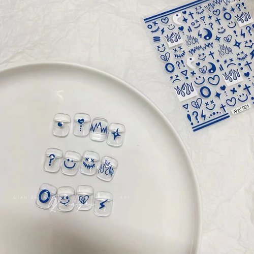 4 Colors New ins Minimalist Style Klein Blue Nail Stickers, Simple Blue Flame Love Stars Impressionist Drawing Line Flame Nail Stickers for Man Woman (4 Sheets)+Nail Sticker Specialized Tweezers