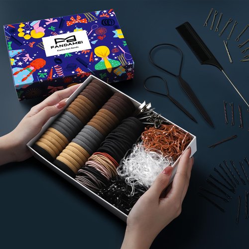 FANDAMEI Hair Accessories Kit - Elastic Hair Ties, Cotton Bands, Rubber Bands, Hair Pins, Rat Tail Comb for Women