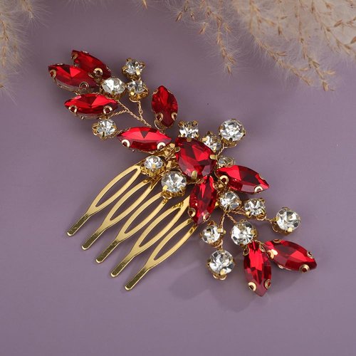 Rumtock Red Rhinestones Beads Gold Hair Comb for Wedding Brides Side Headpiece Women Banquet Prom Hair Jewelry (Red)