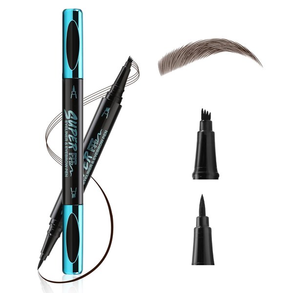 Boobeen Liquid Eyeliner & Eyebrow Pencil, Dual-ended Microfine Eyeliner Pen, 4-Tip Smooth Brow Pencil, Waterproof Eyebrow Pen in Brown, Create a Natural Eye Makeup