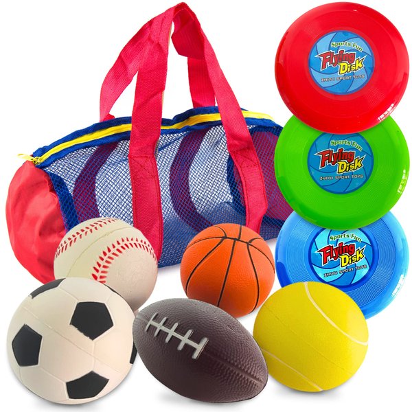 Toysery Foam Sports Balls Toddler Toys Set with Carry Bag - Includes Football, Soccer Ball, Tennis Ball, Basketball, Baseball, Kickball, & 3 Fresbee Discs - Soft Balls for Kids and Toddlers Ages 1-3