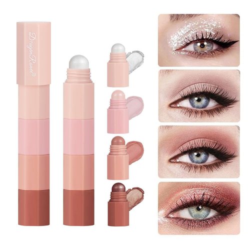 Unyoke 4-in-1 eye shadow pen waterproof non-smudge high-gloss silkworm pen pearlescent four-section eye shadow stick set,Glitter Eyeshadow Eyeliner, Korean Makeup, Teardrop, Shimmer Metallic(#A)