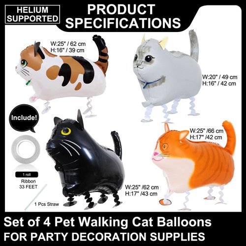 4 Pack Walking Cat Balloons Animal Pet Cat Balloons Cat Balloons for Kids Birthday Party Pet Cat Theme Birthday Party Decorations