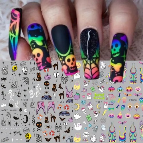 8 Sheets Halloween Nail Stickers 3D Halloween Nail Decals Ghost Pumpkin Skull Nail Art Stickers Bat Spider Web Patch Cat Flame Nail Designs Decals Halloween Nail Art Supplies for Women Nail Decoration