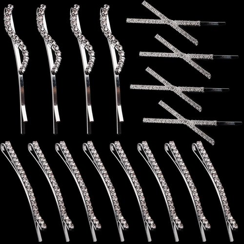 16 Pieces Rhinestone Bobby Pins, Fancy Metal Hair Clips, Crystal Shiny Barrettes, I S X Shaped Diamond Hair Accessories for Women Girls Wedding Prom Party (Silver)